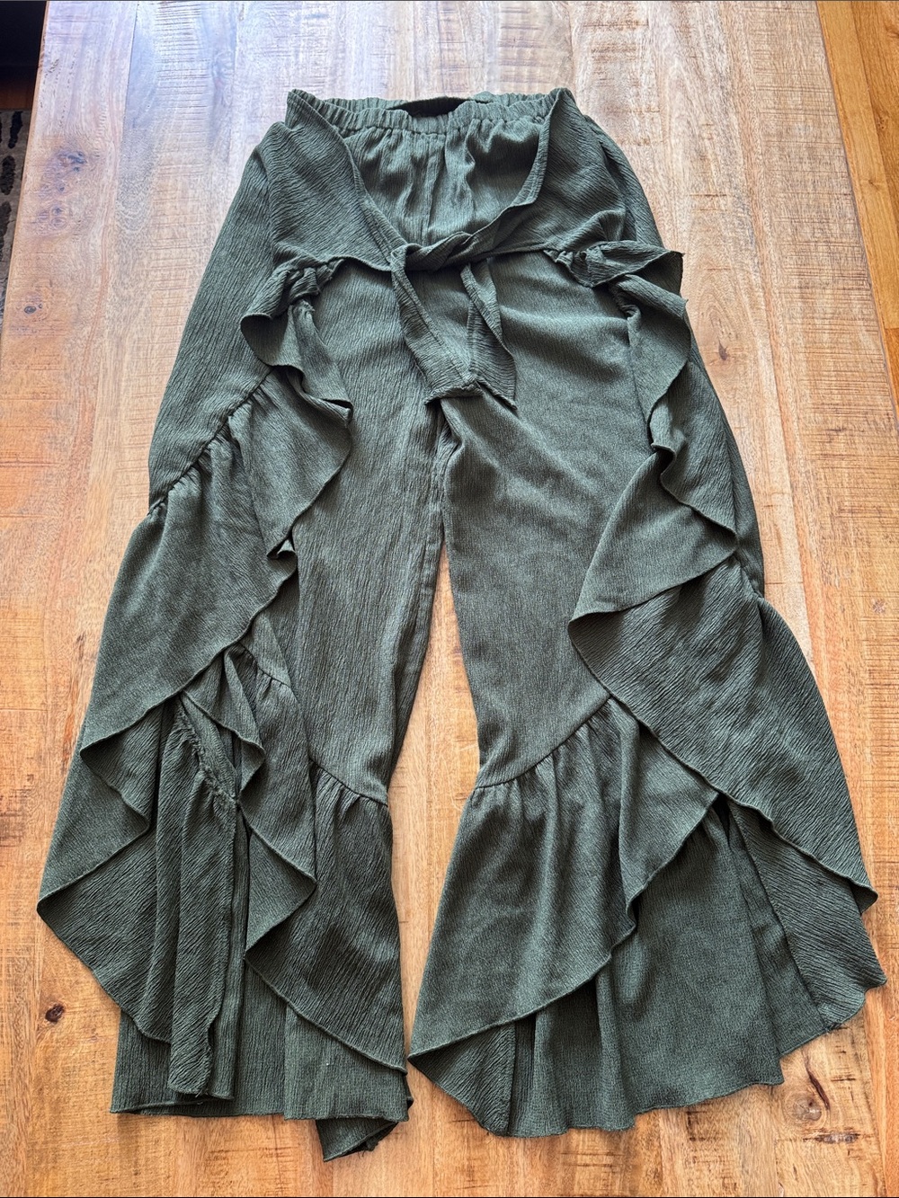 Olive Ruffle Wide-Leg Jumpsuit Pants - Picture 1 of 6
